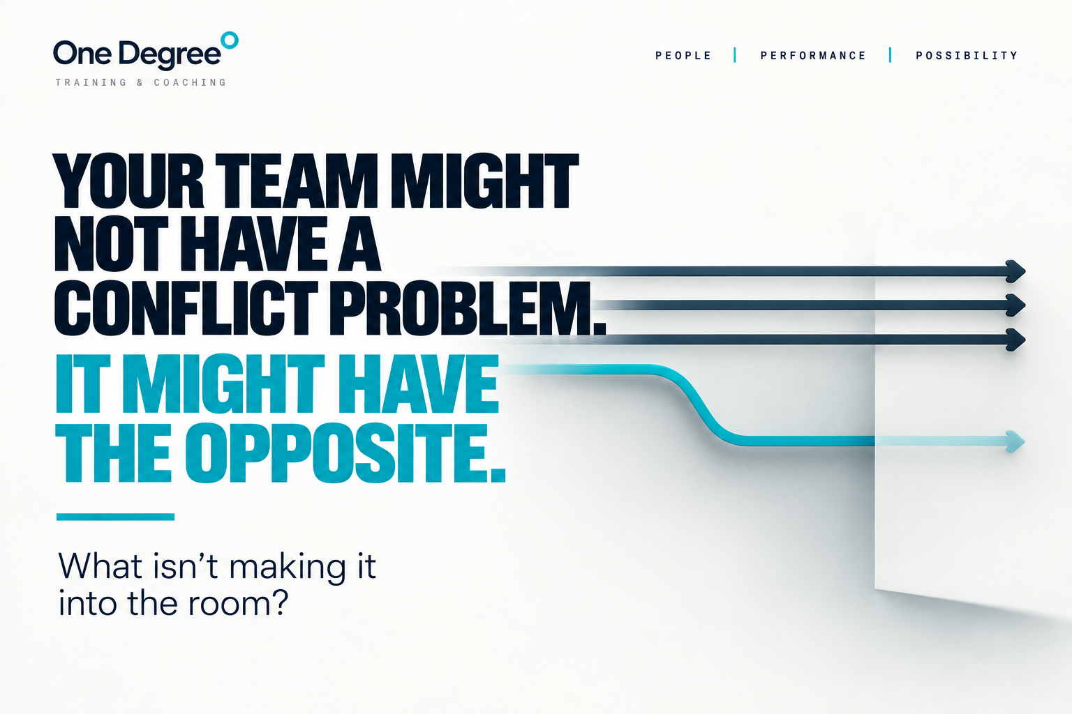 One Degree graphic showing several aligned lines moving in the same direction while one teal line disappears beneath the surface, representing concerns or disagreement that remain hidden. Text reads: “Your team might not have a conflict problem. It might have the opposite. What isn’t making it into the room?”