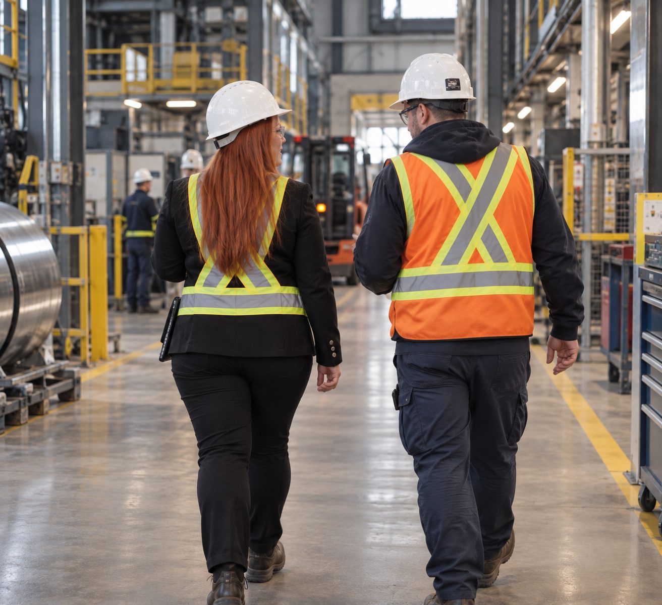 Marie-Christine Boies en projet dans une usine, avec un employé, casque et dossard de sécurité
