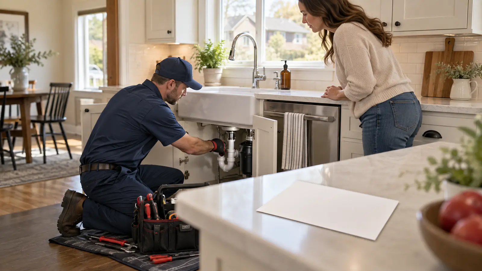 Omaha plumber repairing a kitchen sink in a local home