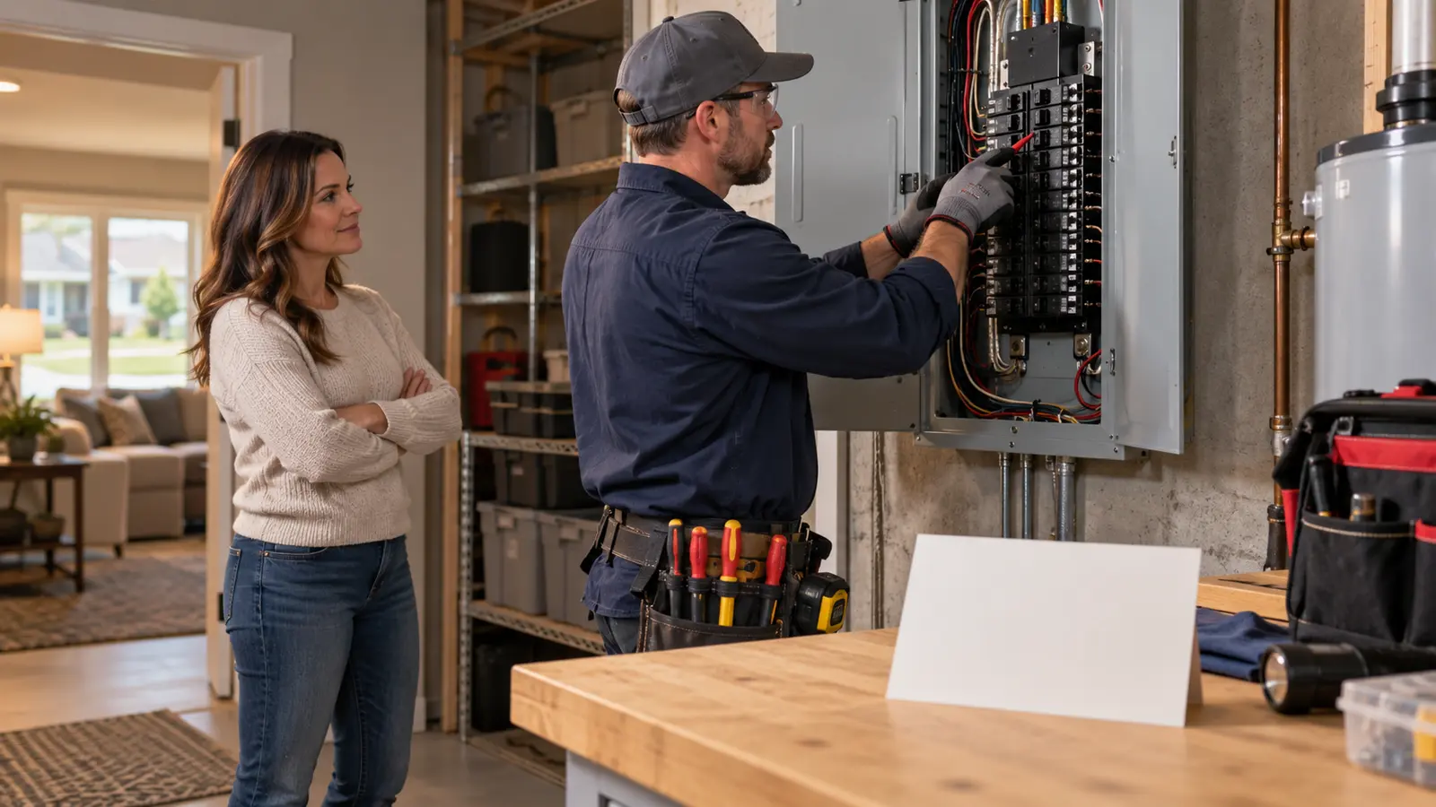 Omaha electrician safely inspecting a residential breaker panel