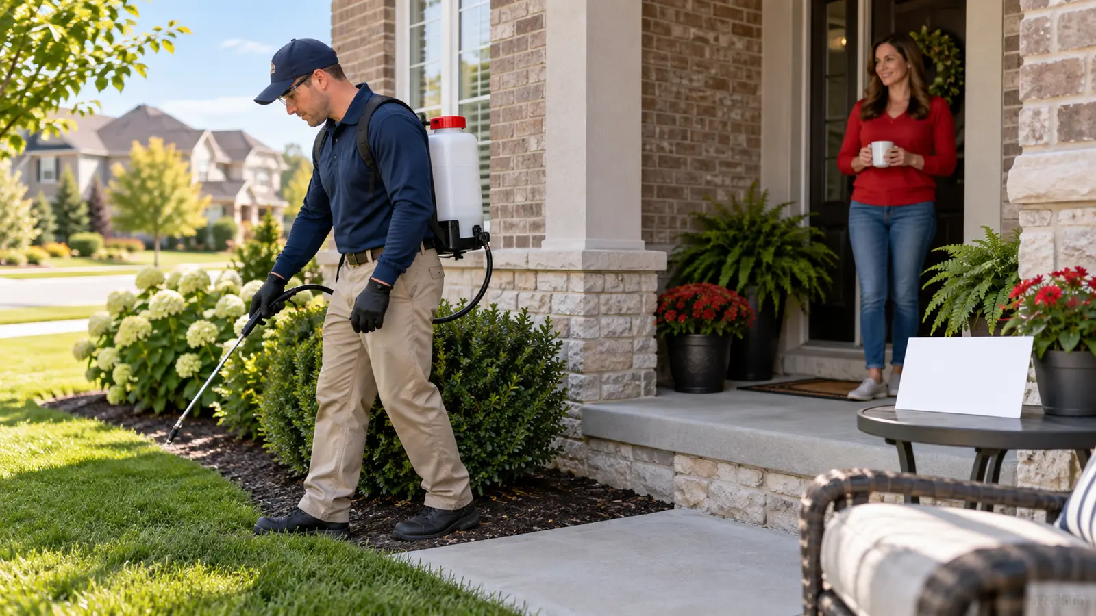 Omaha pest-control technician treating a home exterior