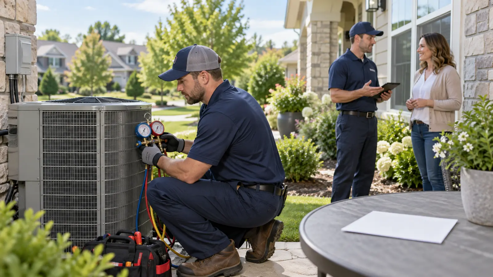 Omaha HVAC technicians servicing a residential air-conditioning system
