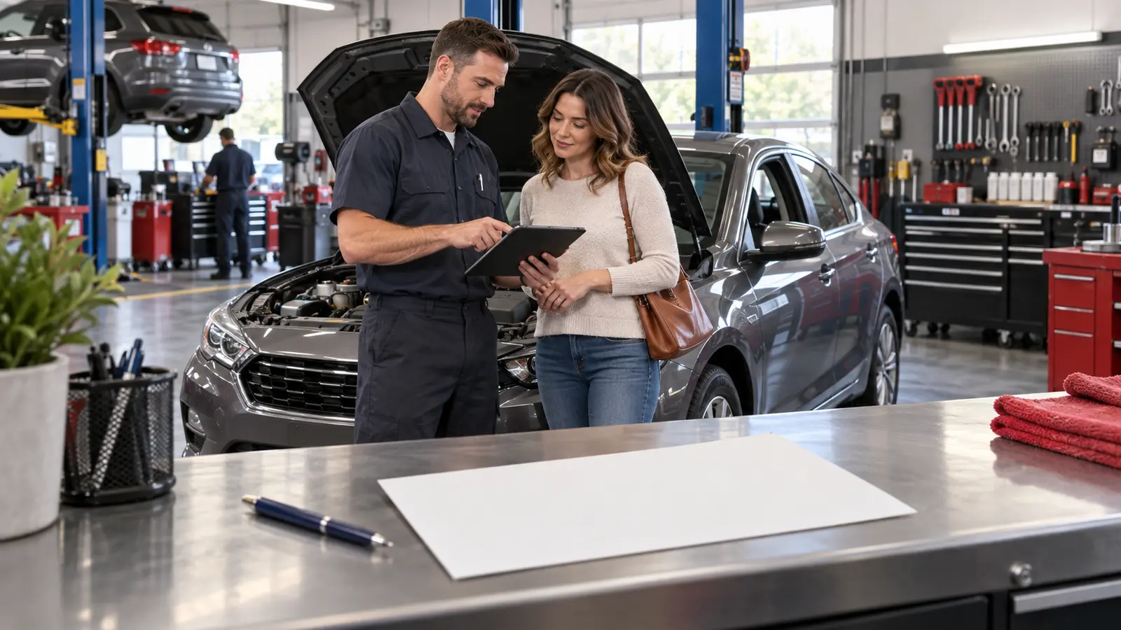 Omaha auto-repair technician reviewing an inspection with a customer