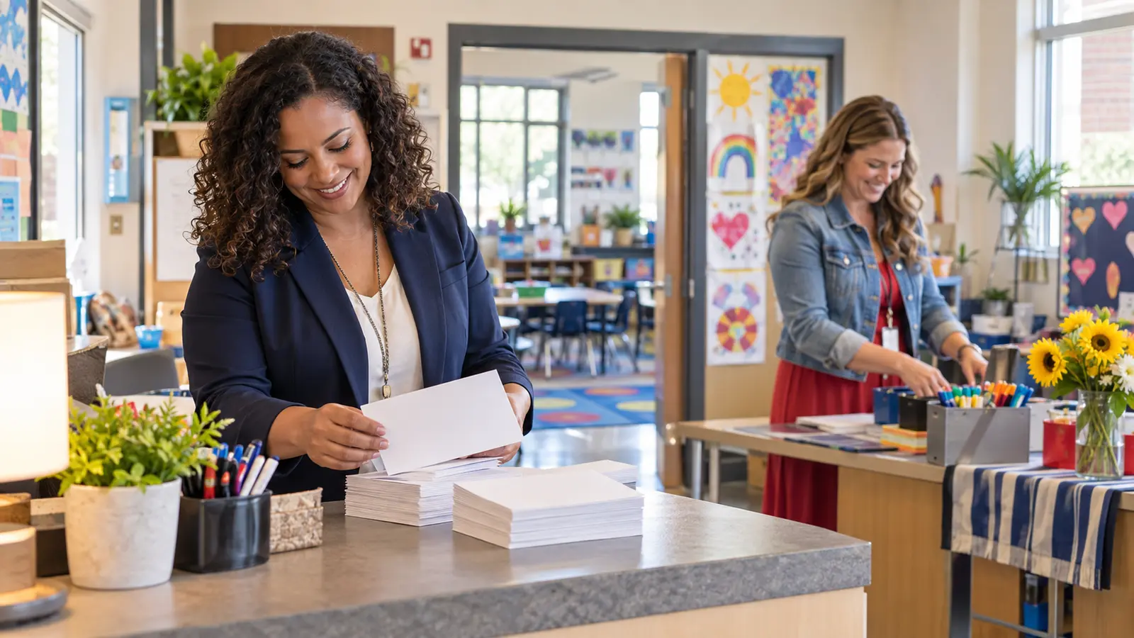 Omaha school staff preparing postcards for family outreach
