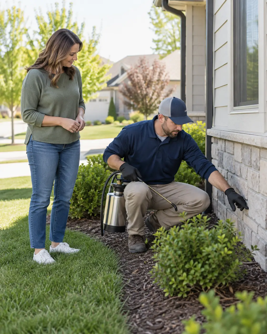 Omaha pest-control technician inspecting a home exterior