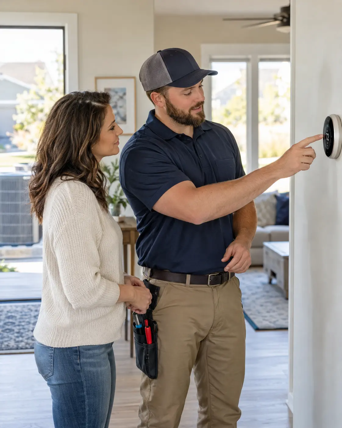 Omaha HVAC technician explaining a thermostat to a homeowner