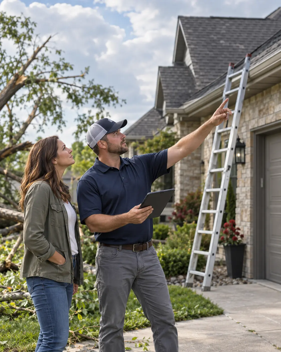 Omaha roofer reviewing storm damage with a homeowner