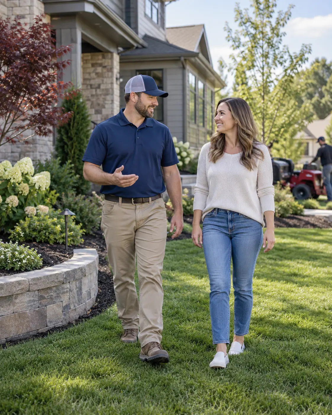 Omaha landscaper walking a finished yard with a homeowner