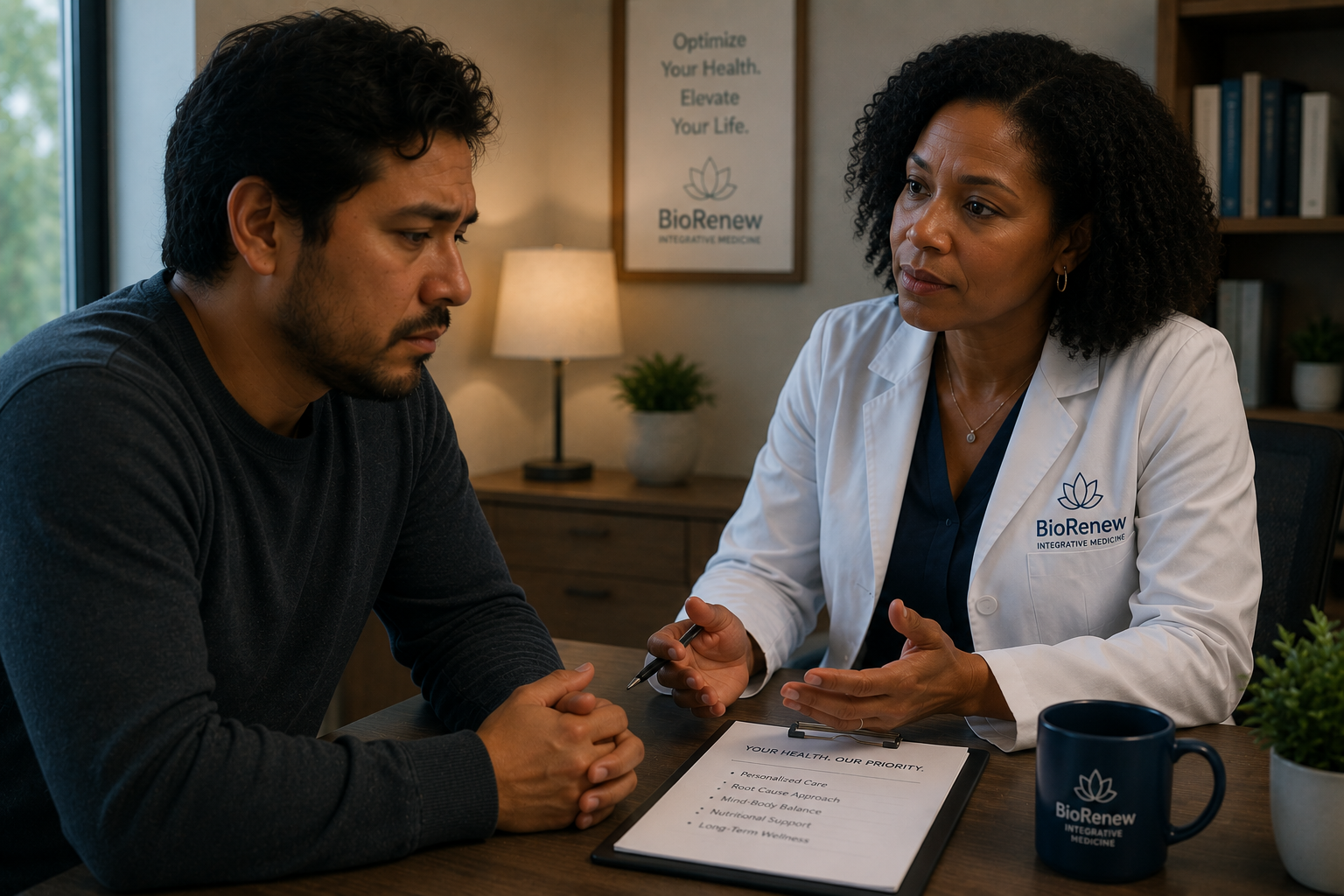Patient discussing mood energy and wellness concerns with provider