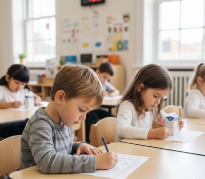 preschool kids working at desks on writing projects