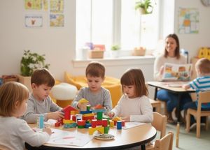 four preschool kids playing at a desk with block and a teacher working with another child at a nearby desk