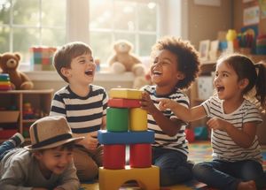 three year old boys girls building with blocks and laughing