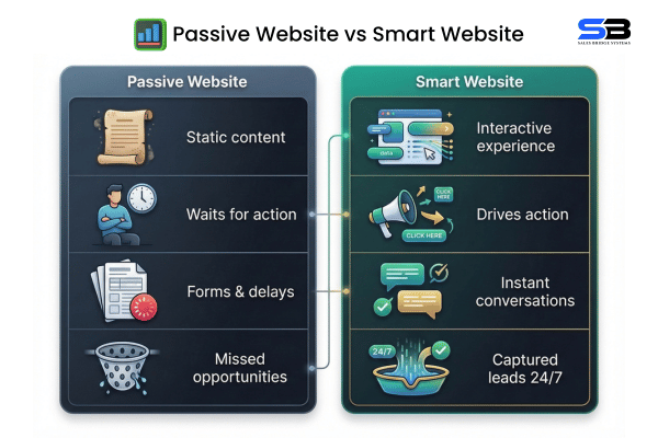 Comparison graphic showing a Passive Website versus a Smart Website, highlighting static content, delayed response, and missed opportunities versus interactive experience, instant conversations, and 24/7 lead capture; Sales Bridge Systems branding included.