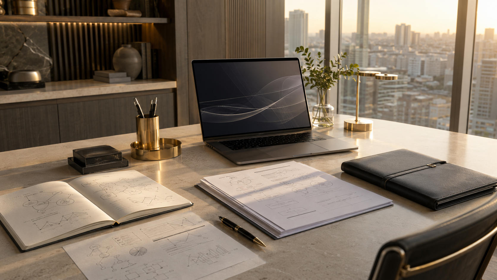 Desk with strategy plan, moving from employment to ownership