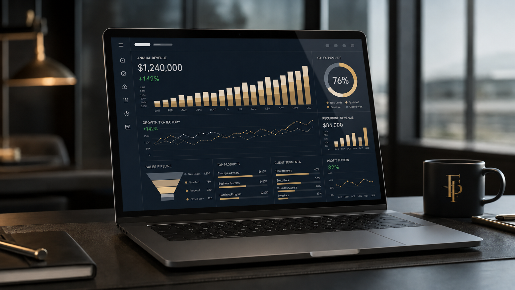 Business dashboard showing revenue and growth trajectory to seven figures