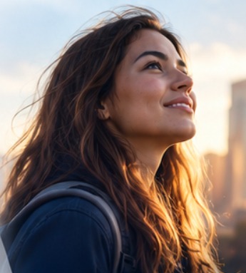 Young professional looking toward the future over a city skyline