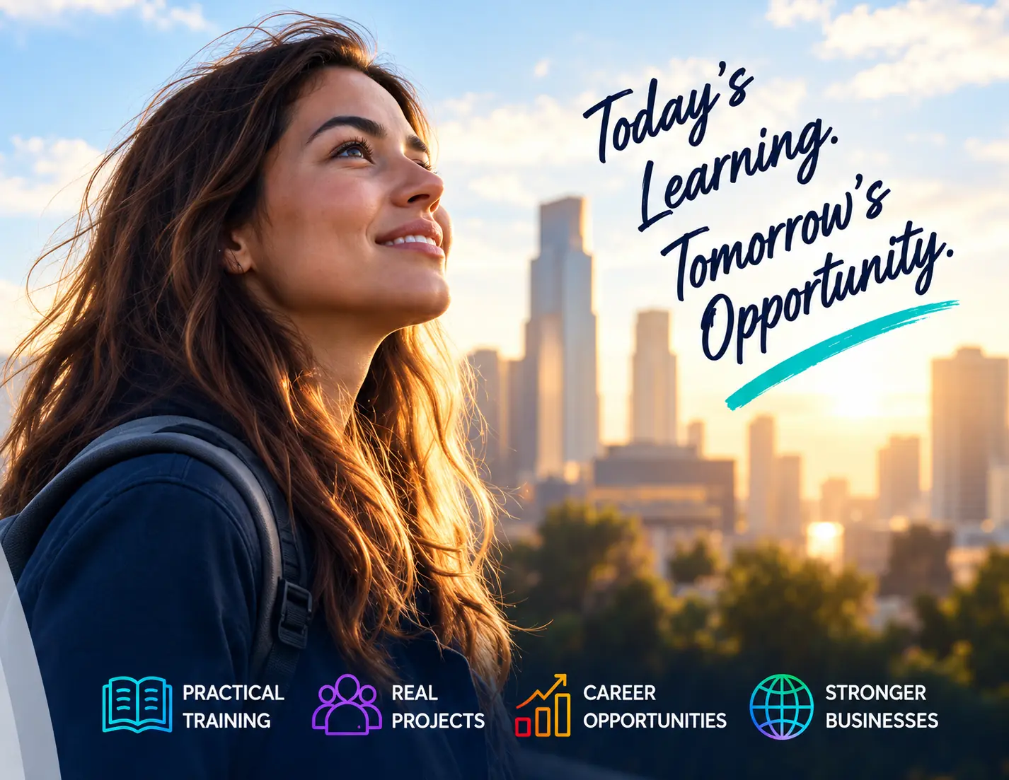 Young professional looking toward the future over a city skyline, with practical training, real projects, career opportunities and stronger businesses icons