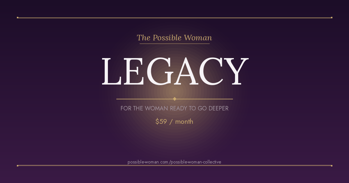 Gold and plum branded membership graphic for The Possible Woman Collective Legacy tier, priced at $59 per month.