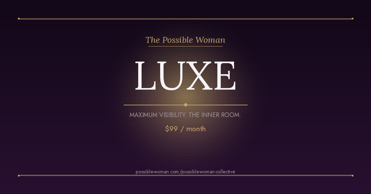 Gold and plum branded membership graphic for The Possible Woman Collective Luxe tier, priced at $99 per month.