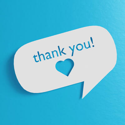 A white chat bubble says "thank you!" with a cutout hear over a cyan blue backdrop.