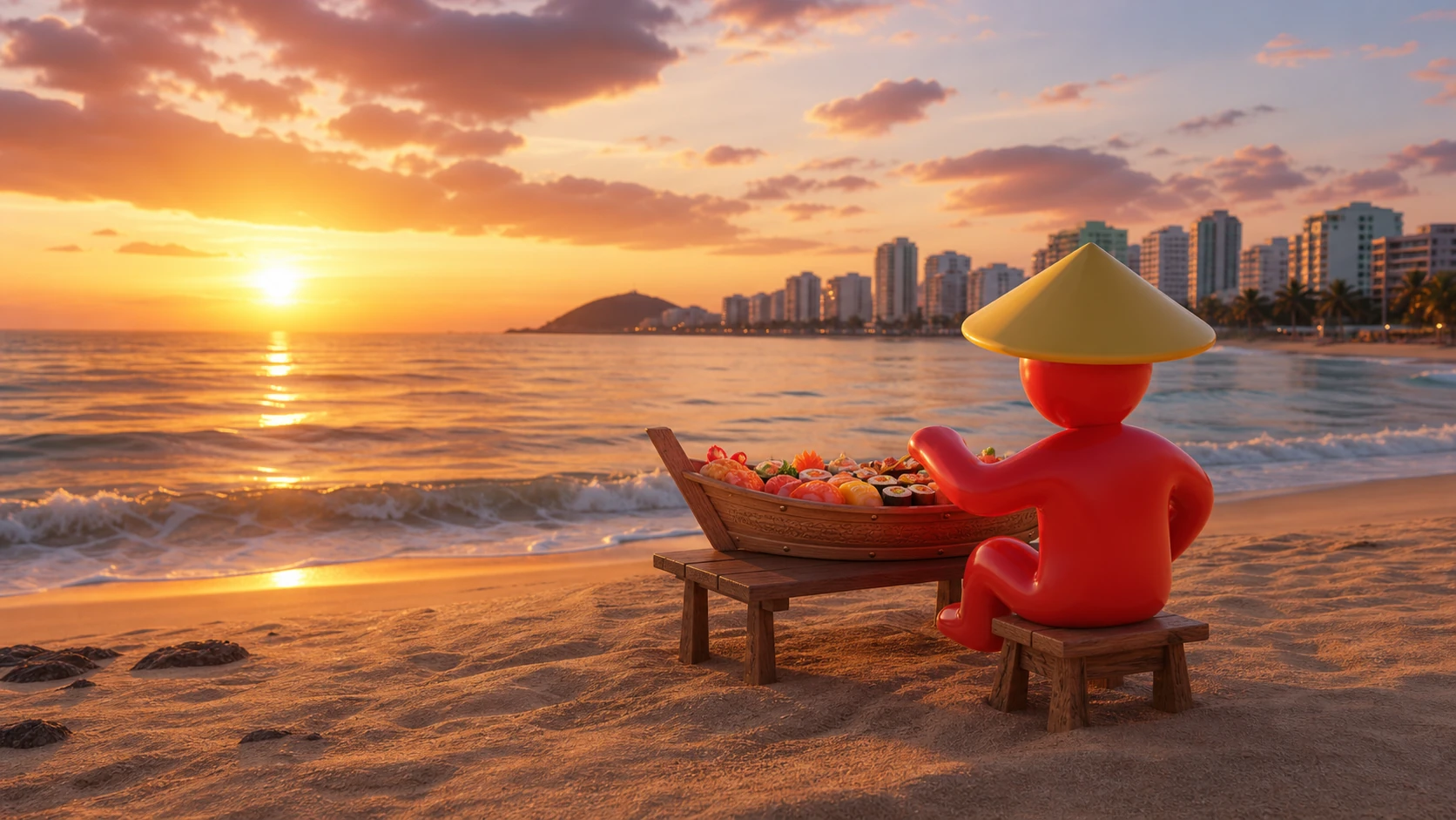 Nori ao pôr do sol na praia
