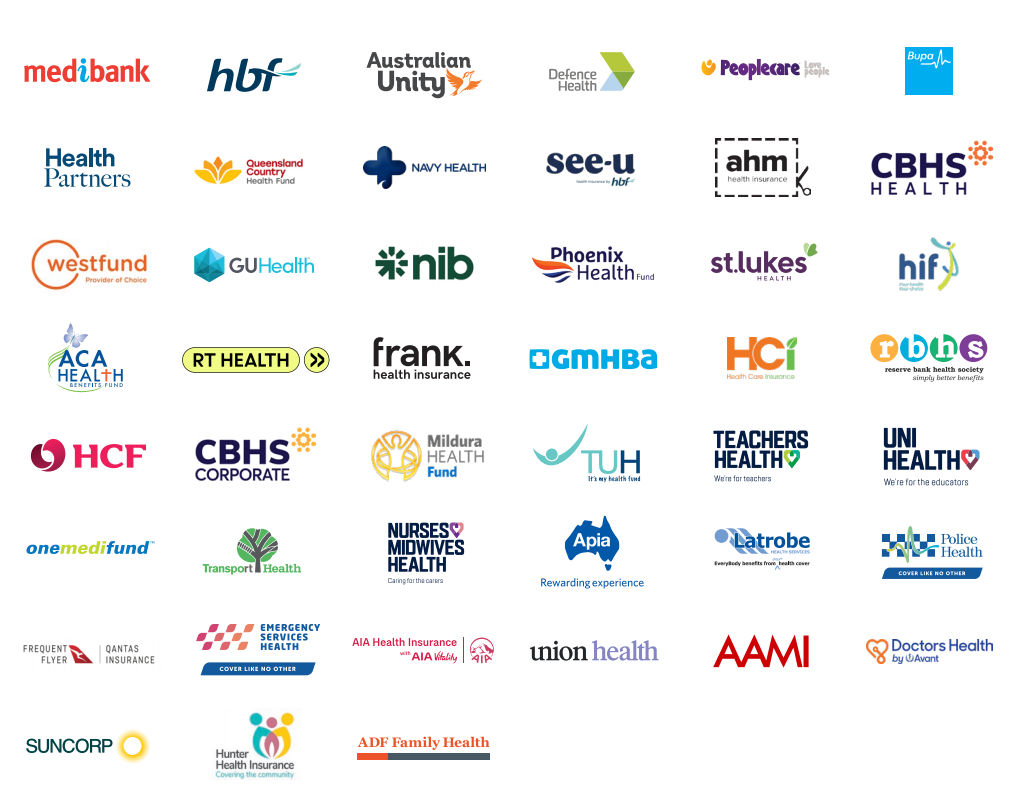 Accepted private health fund logos — Medibank, Bupa, HCF, NIB, AHM, CBHS