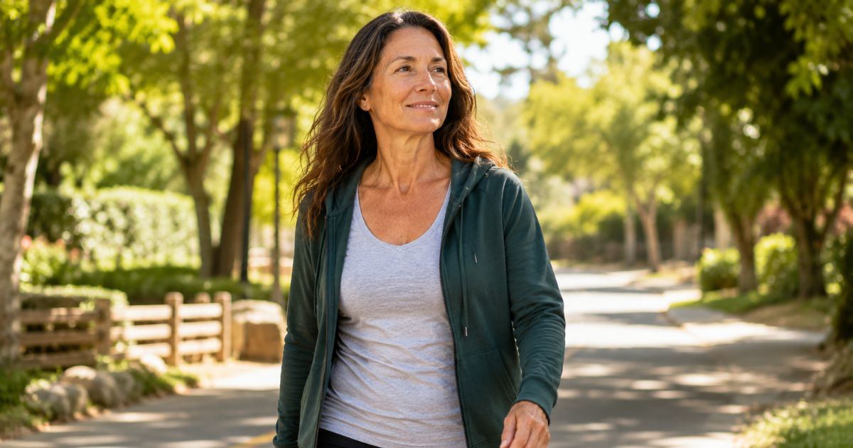 Femme de 50 ans qui marche en plein air pour retrouver son énergie après 40 ans Femme de 50 ans qui marche en plein air pour retrouver son énergie après 40 ans