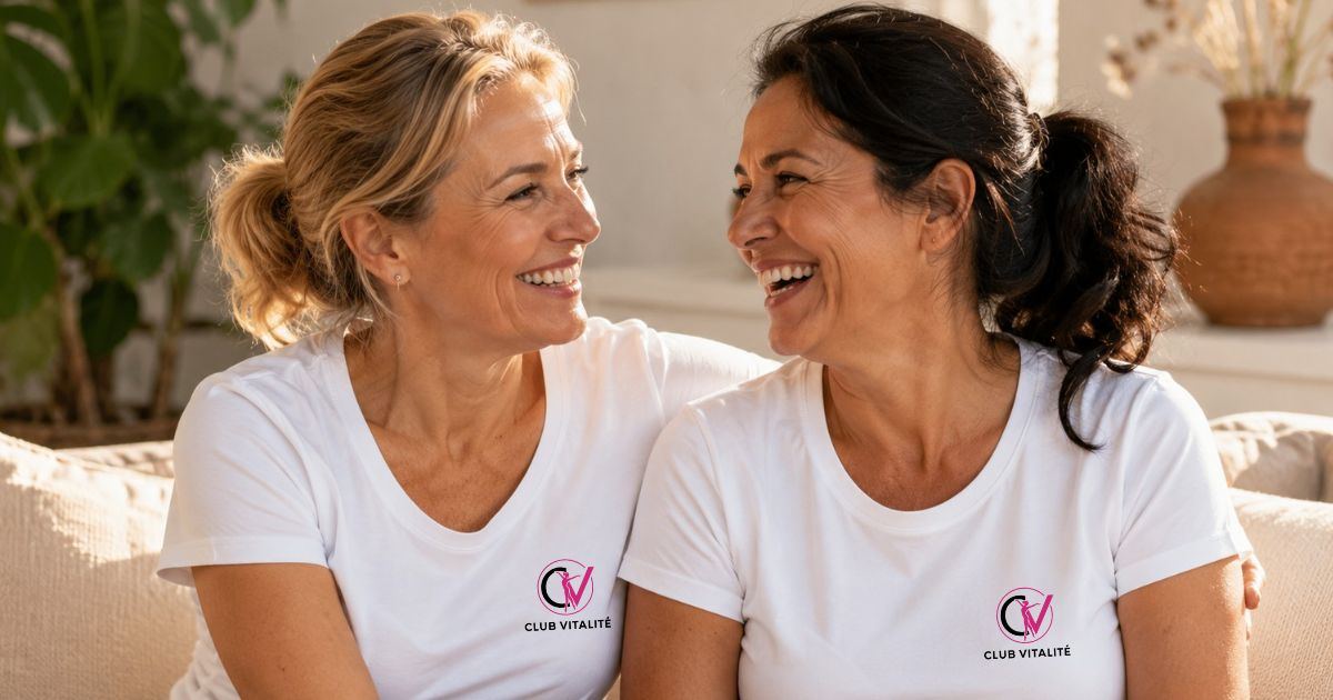 Deux femmes de plus de 40 ans qui rient et reprennent confiance ensemble