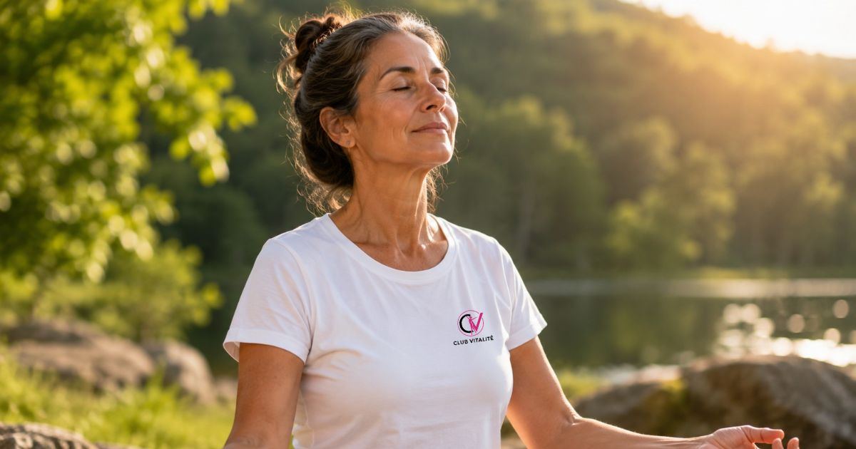 Femme de plus de 40 ans en paix avec son corps dans un moment de bien-être