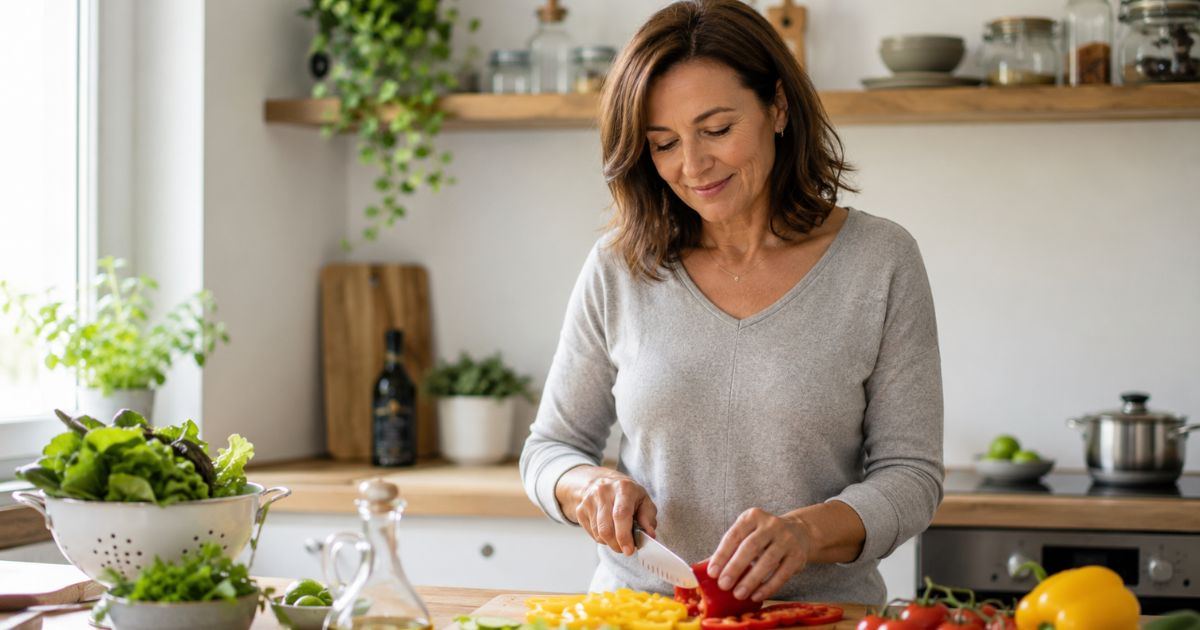 Femme de plus de 40 ans qui prépare un repas équilibré sans stress