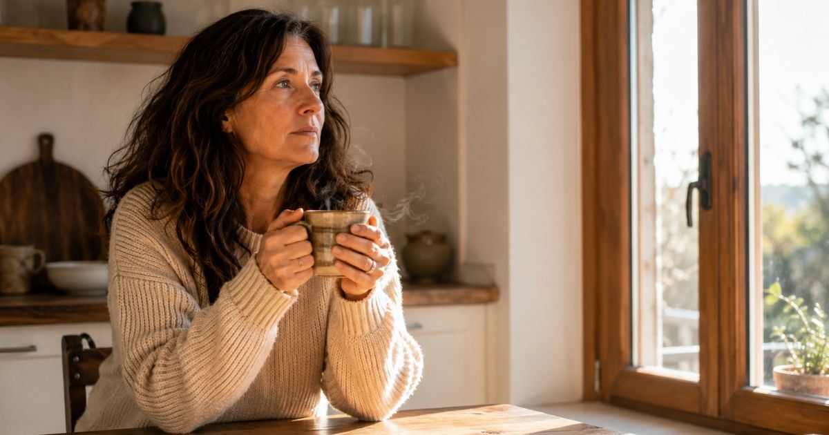 Femme de plus de 40 ans fatiguée dans son quotidien, une tasse de café à la main Femme de plus de 40 ans fatiguée dans son quotidien, une tasse de café à la main