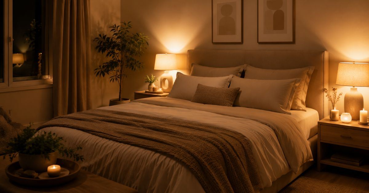 Chambre apaisante et lumière douce du soir pour mieux dormir après 40 ans