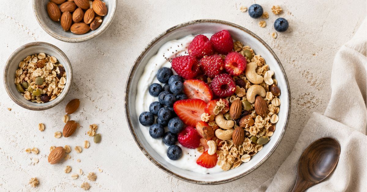 Bol de yaourt grec, fruits et oléagineux, idée de petit-déjeuner protéiné après 40 ans
