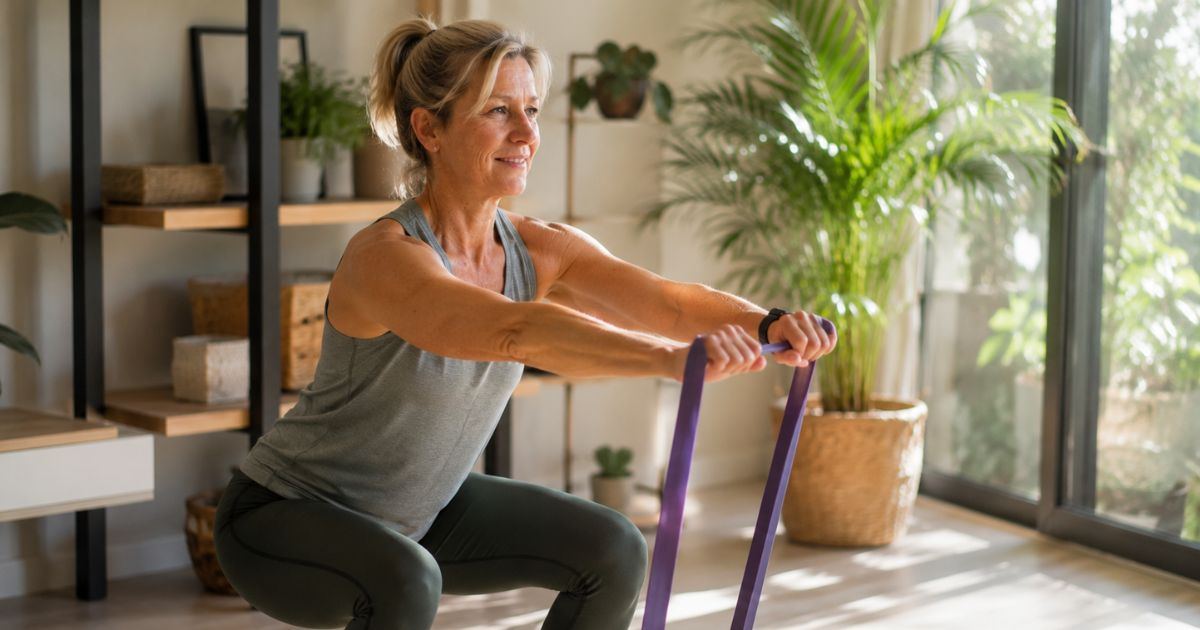 Femme de plus de 40 ans qui entretient sa masse musculaire avec des élastiques