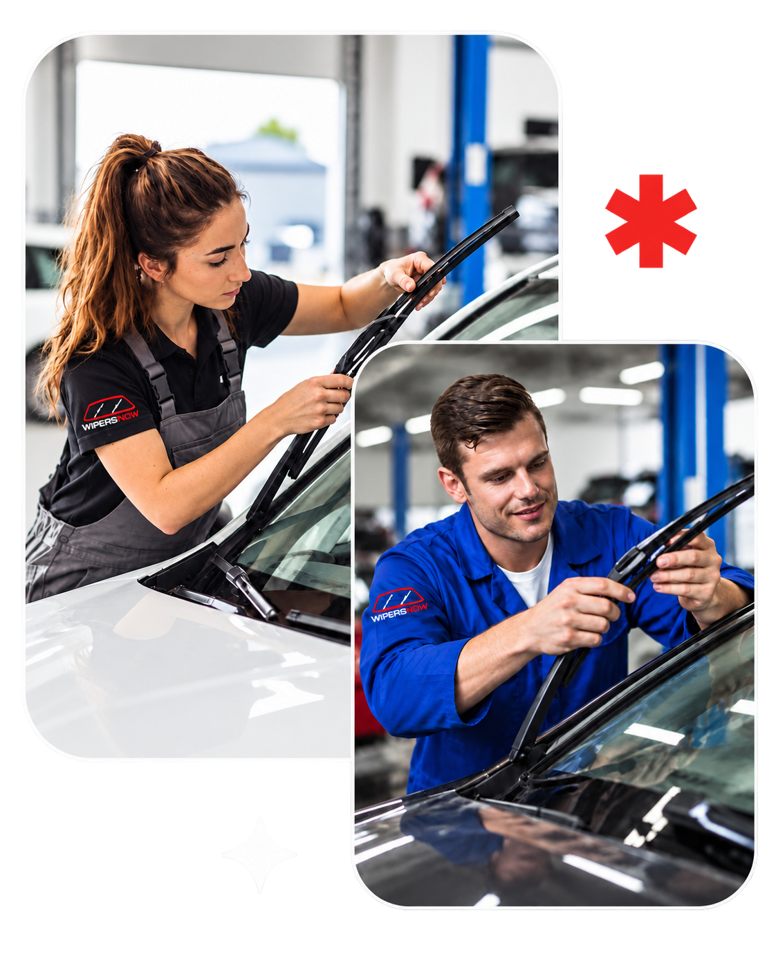 Technicians replacing windshield wiper blades