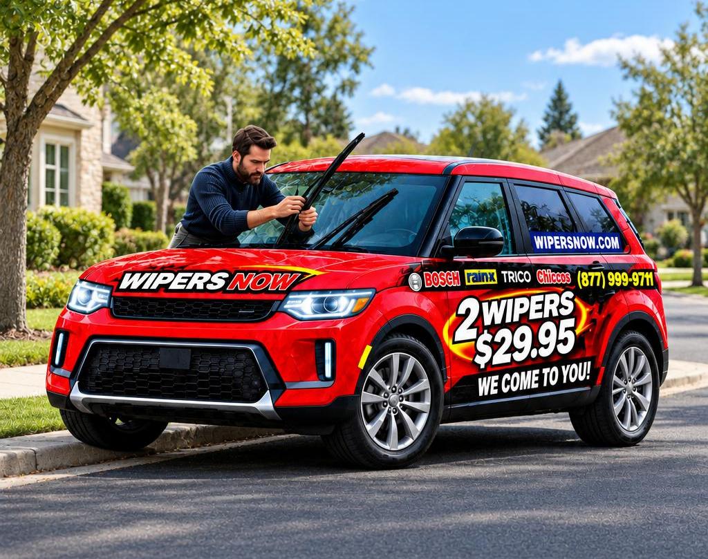Wipers Now technician installing new windshield wipers on a branded Wipers Now SUV