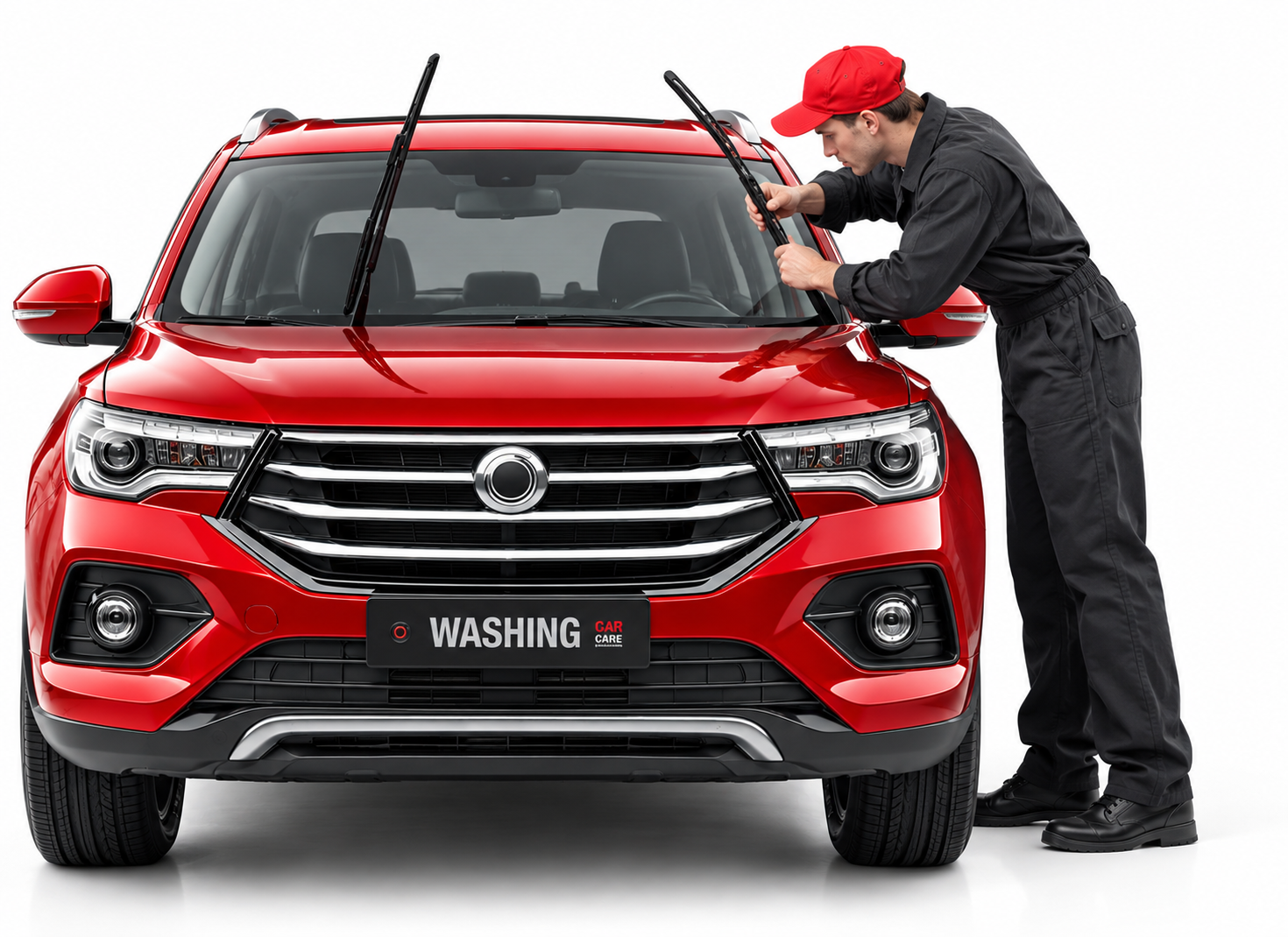 Technician installing new windshield wipers on a red SUV