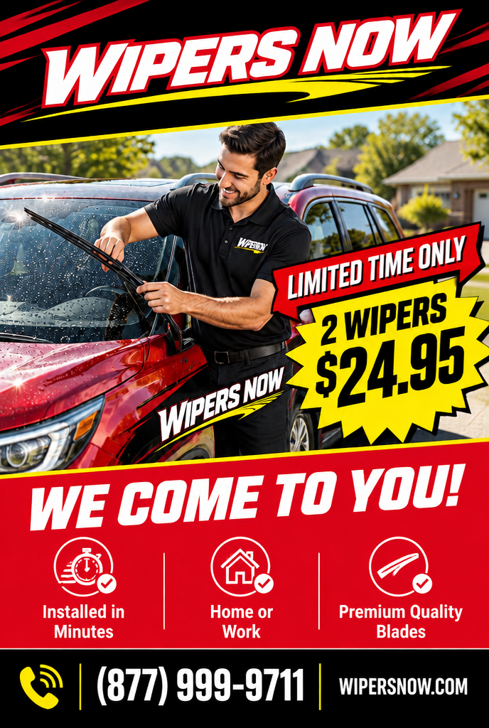 Wipers Now flyer: limited time only, 2 wipers $24.95, we come to you. Call (877) 999-9711