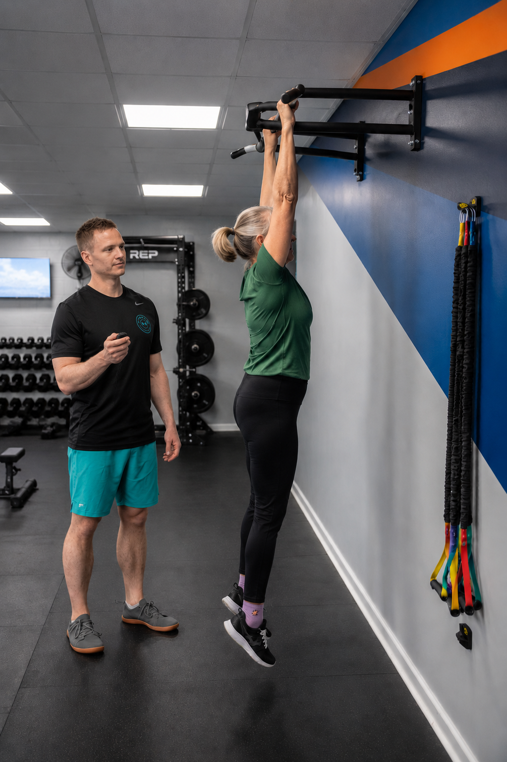 Corey coaching a member through the Dead Hang standard