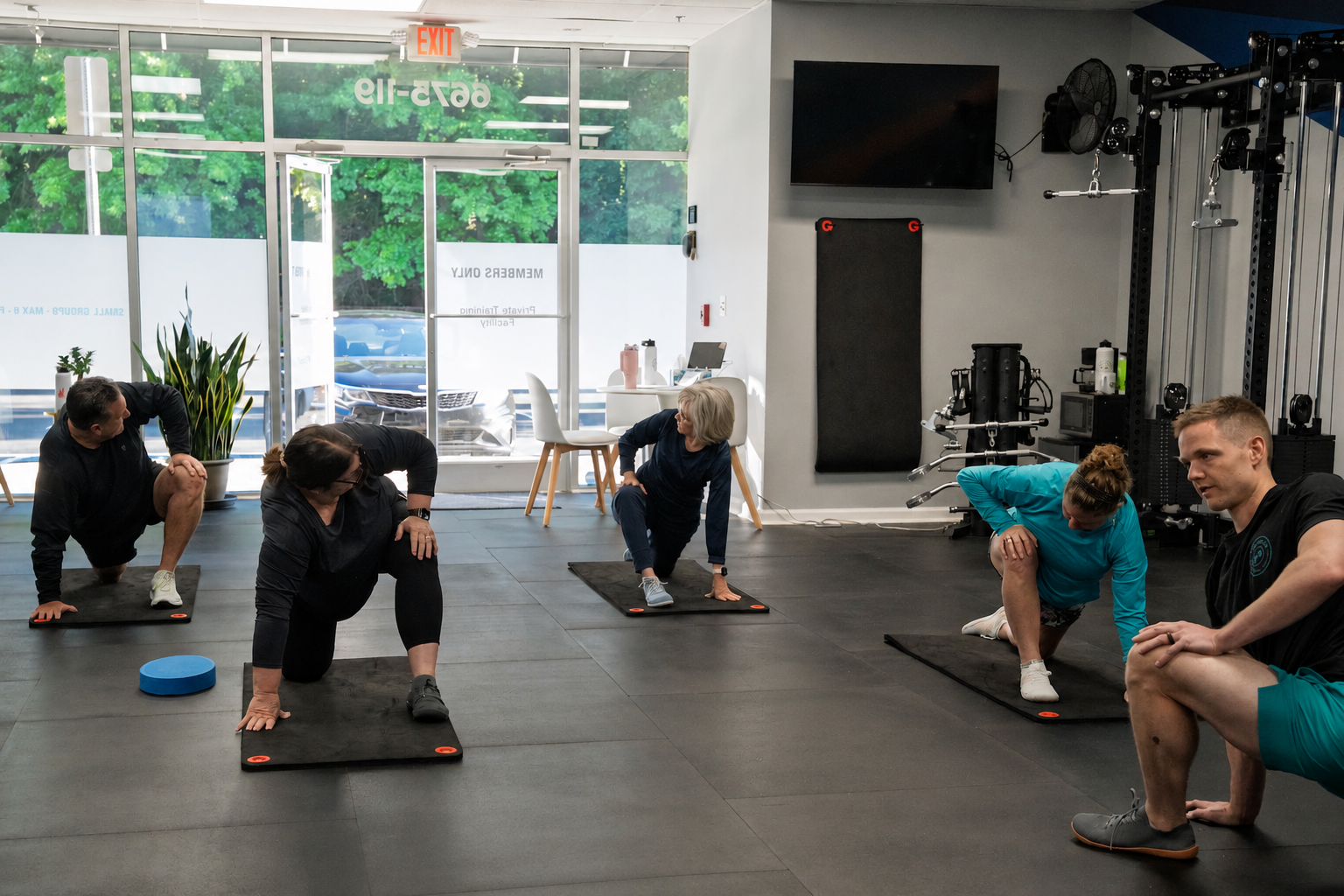 Small group warming up together at Fitspire, coached through mobility work