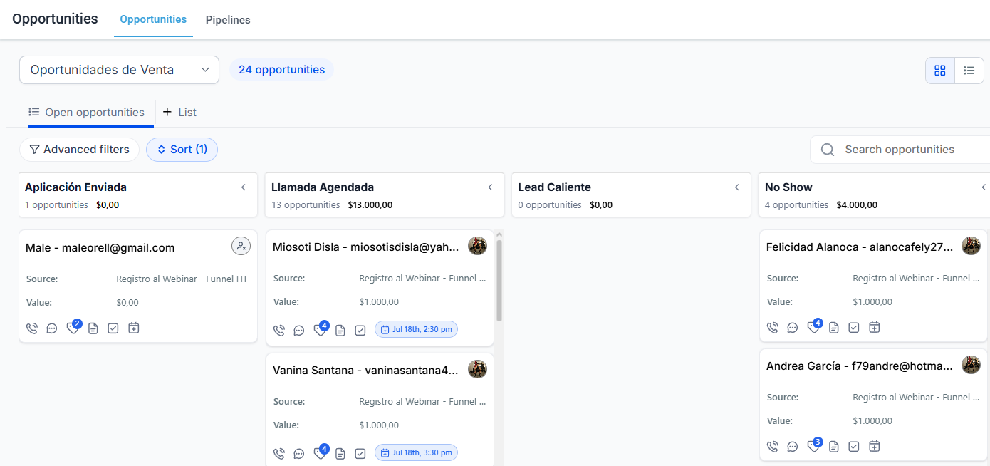 CRM con pipeline de ventas por etapas