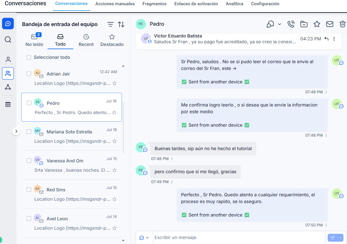 Bandeja única de conversaciones con WhatsApp, SMS y redes sociales