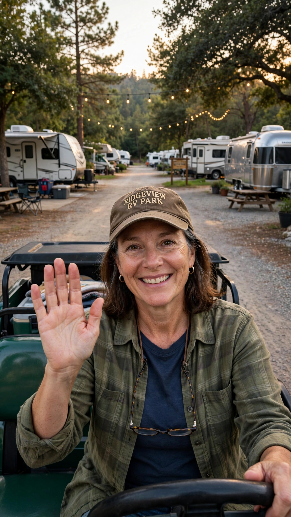 RV park owner waving from a golf cart at her park