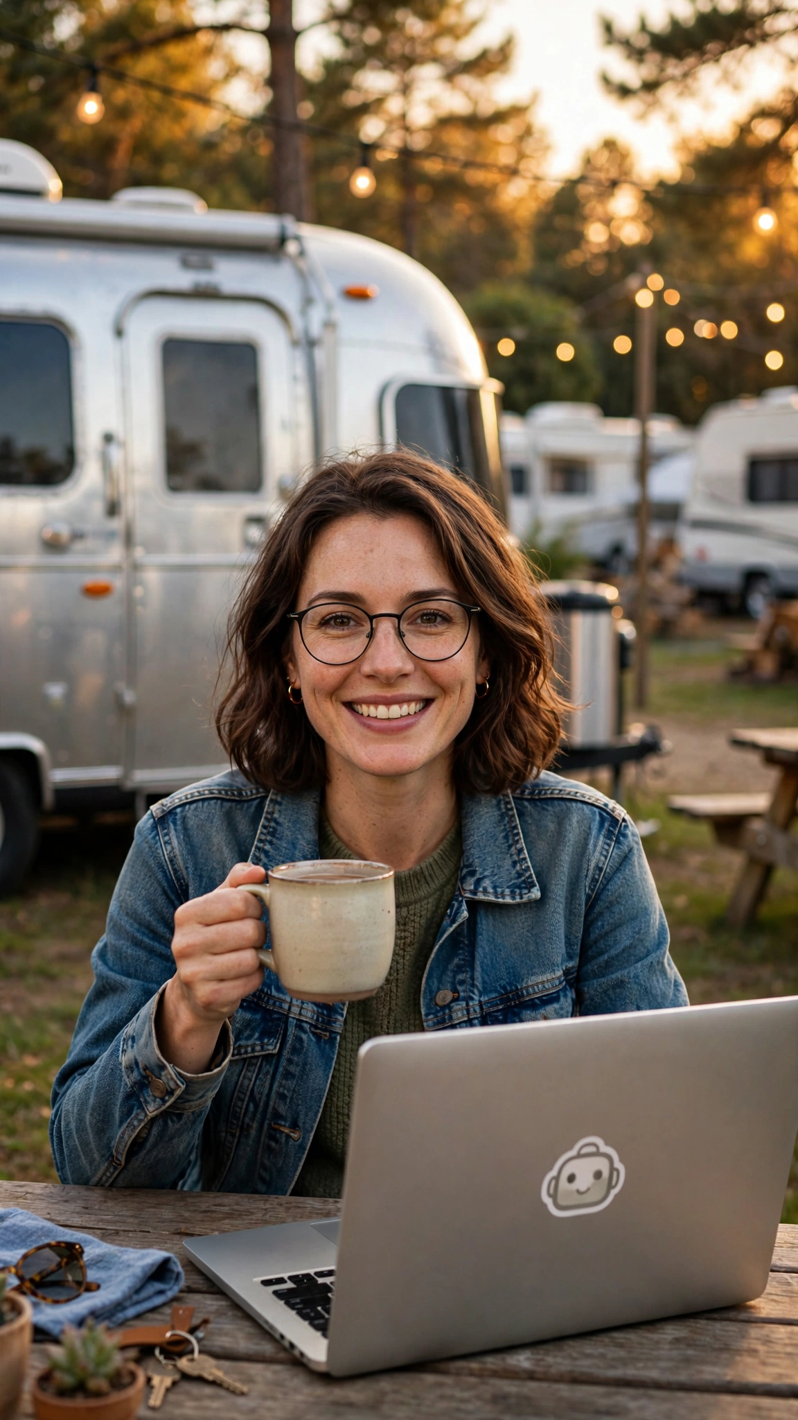 Abby from ABI Social with a laptop at an RV park