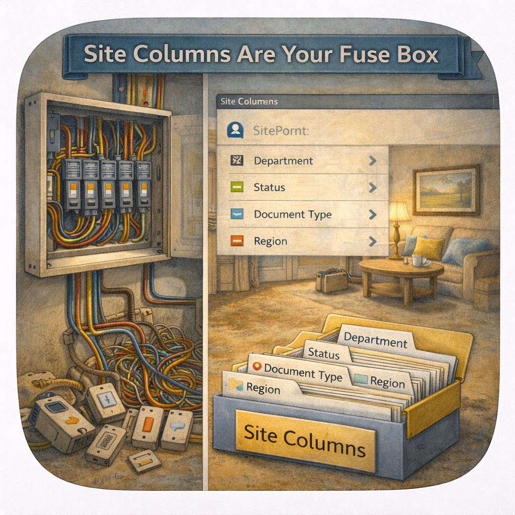 Split image of a fuse box on the right and content organized using Site Columns on the Right. Split image of a fuse box on the right and content organized using Site Columns on the Right.