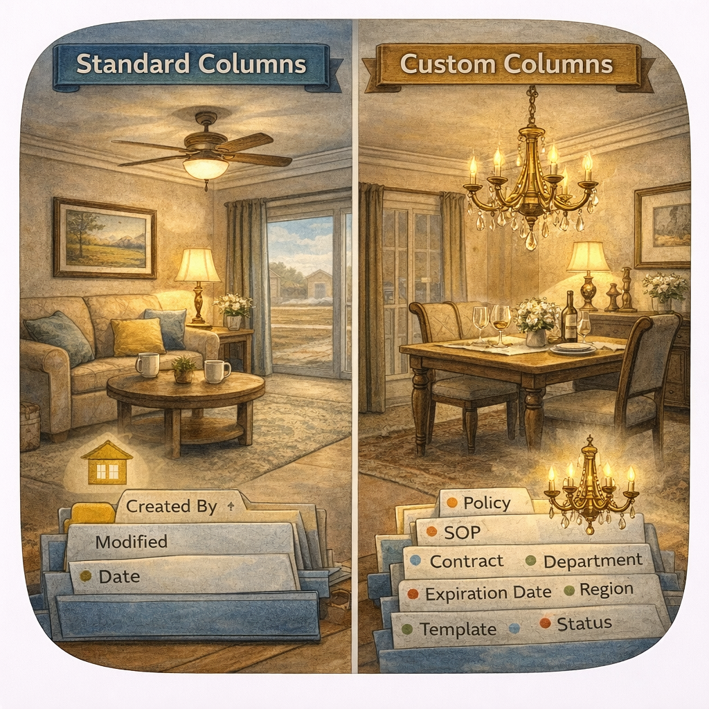 Split image of basic standard columns versus detailed custom columns in a home analogy scene. Split image of basic standard columns versus detailed custom columns in a home analogy scene.