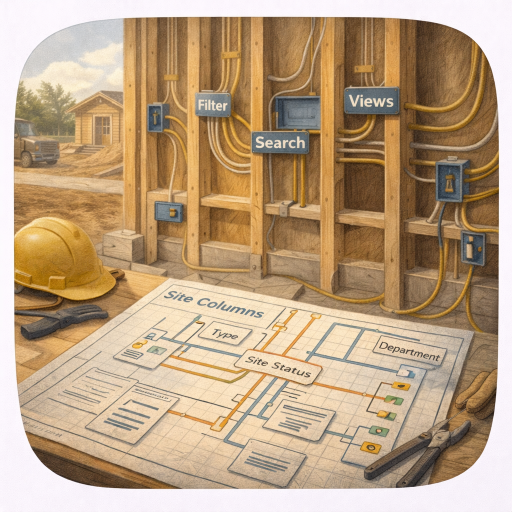House under construction with exposed wiring labeled Search, Filter, and Views, and a blueprint on a table labeled Site Columns showing metadata connections powering a SharePoint site. House under construction with exposed wiring labeled Search, Filter, and Views, and a blueprint on a table labeled Site Columns showing metadata connections powering a SharePoint site.
