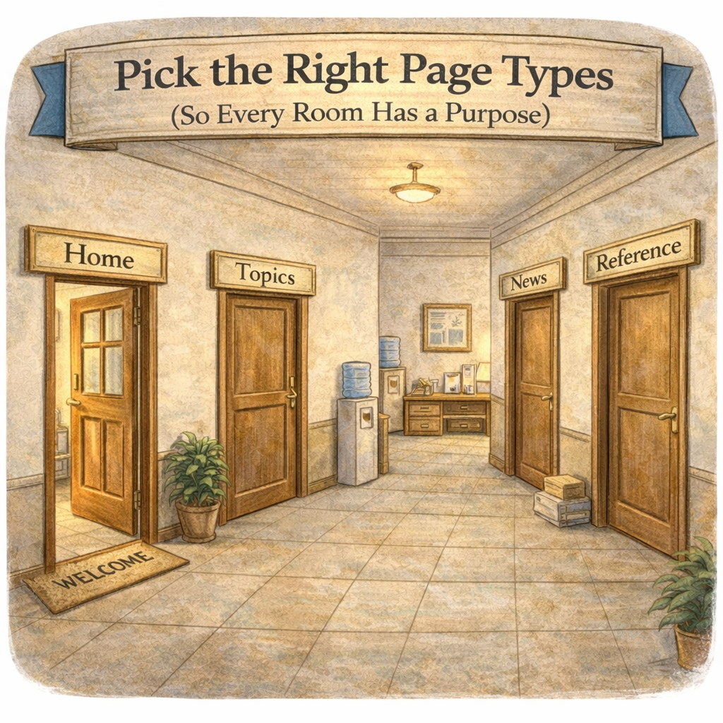 Image of a hallway with clear signs over each room Image of a hallway with clear signs over each room