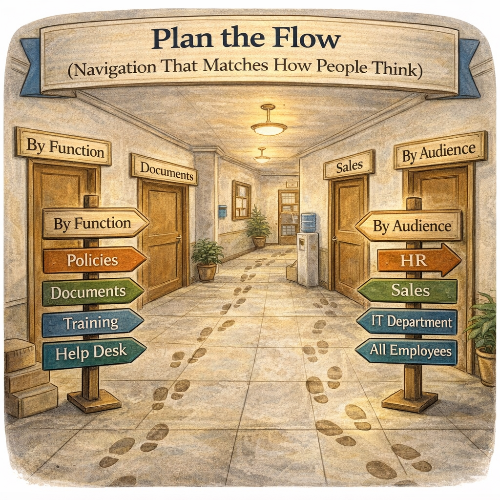 Image of a hallway with signposts for directions leading to room types. Image of a hallway with signposts for directions leading to room types.