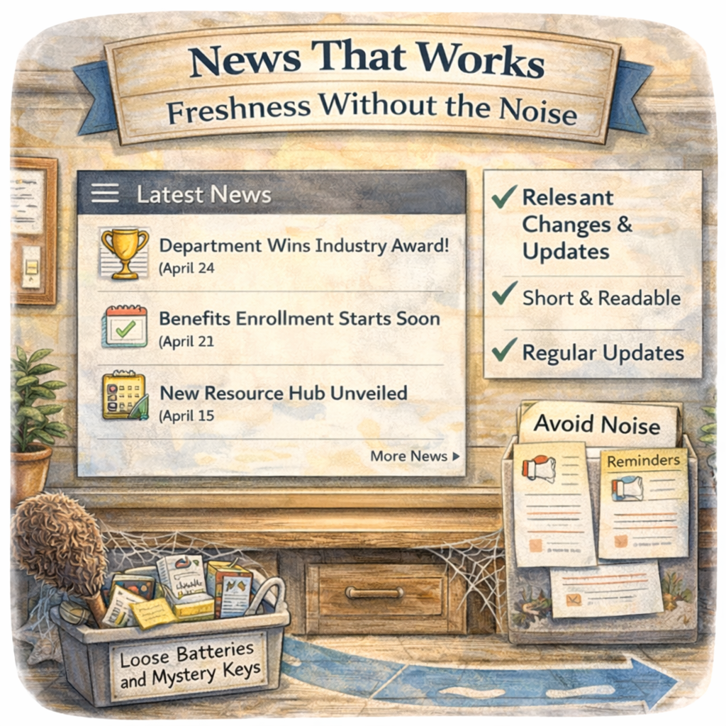 SharePoint News shown as fresh, scannable updates with a cobweb warning when posts are outdated SharePoint News shown as fresh, scannable updates with a cobweb warning when posts are outdated